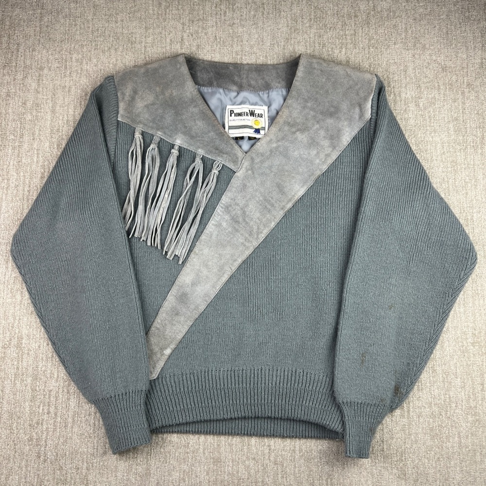 Vintage Pioneer Wear Sweater Fringe‎ Western Gray Knit Pullover Women's Large